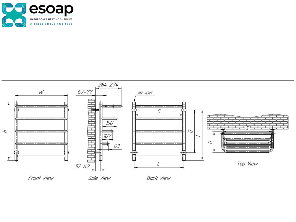 Technical dimension diagram of a towel rack by esoap, showing front, side, back, and top views with labeled measurements on a white background. Reina Elvo 660x530 Polished Stainless Steel Designer Radiator