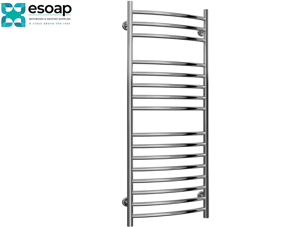 A curved stainless steel heated towel rail with multiple horizontal bars, shown against a plain white background with the Esoap logo in the top-left corner. Reina EOS 1200x500 Polished Stainless Steel Designer Radiator