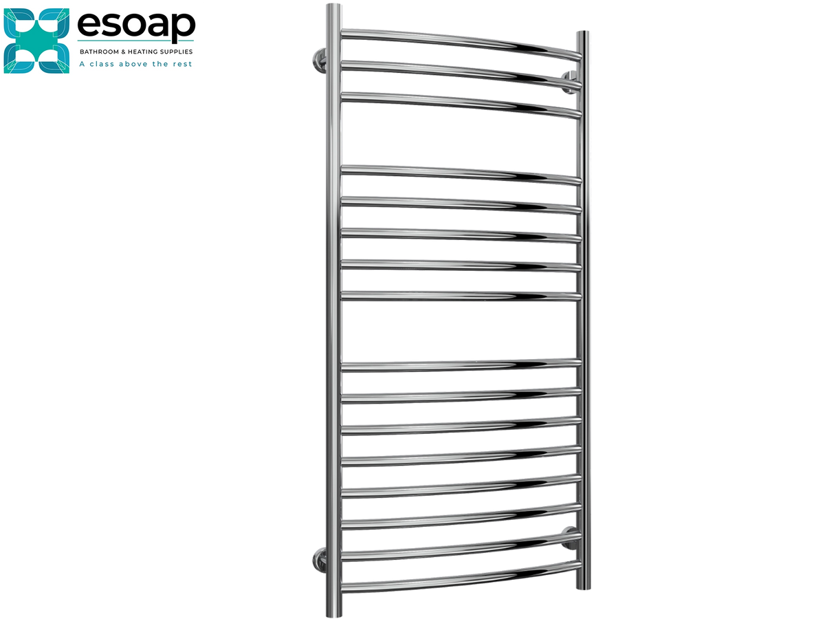 A polished chrome heated towel rail with curved horizontal bars, shown against a plain white background with the Esoap brand logo in the top-left corner. Reina EOS 1200x600 Polished Stainless Steel Designer Radiator