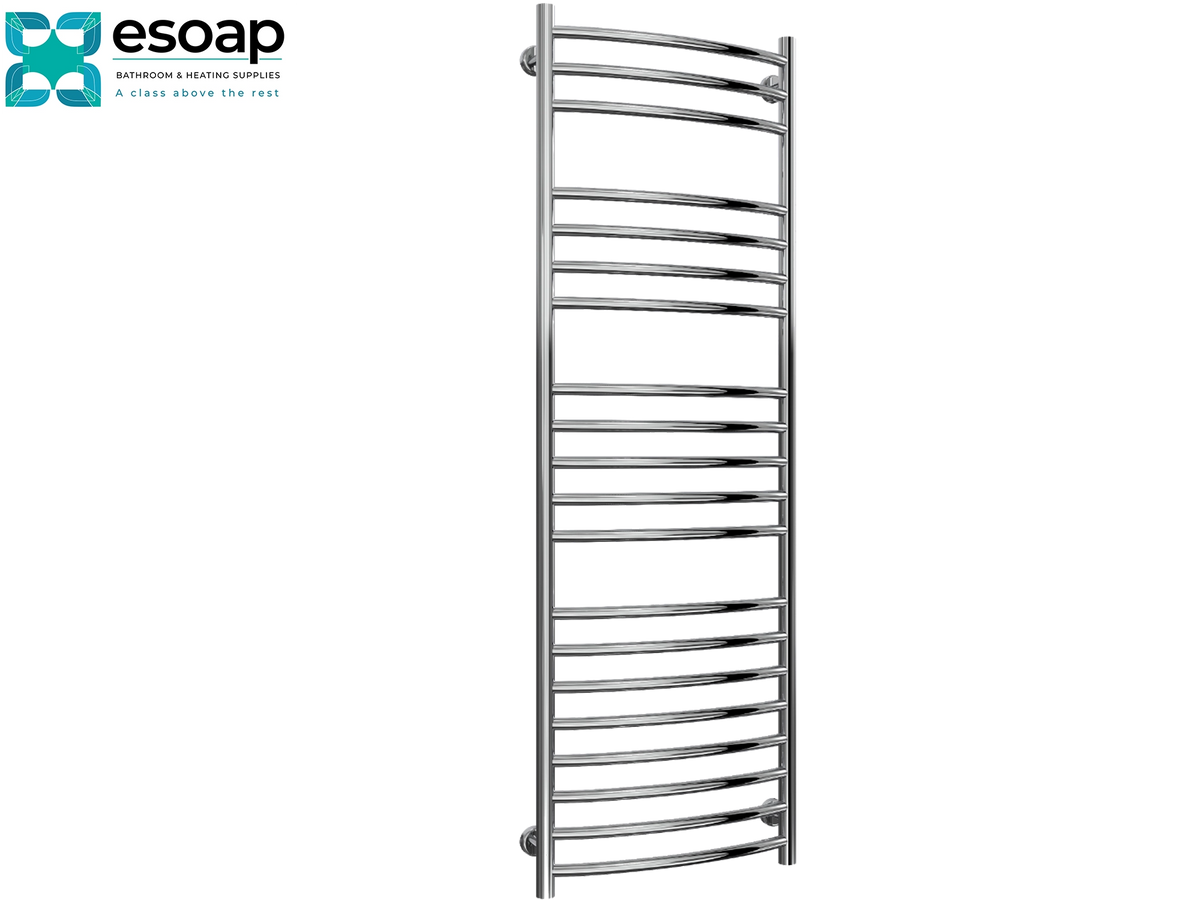 A tall, curved chrome towel radiator with multiple horizontal bars, shown on a plain white background with the Esoap logo in the top-left corner. Reina EOS 1500x500 Polished Stainless Steel Designer Radiator