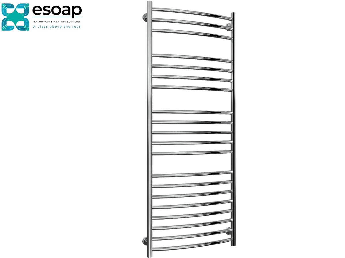 A curved chrome towel radiator with multiple horizontal bars, shown on a plain white background with the Esoap logo in the top-left corner. Reina EOS 1500x600 Polished Stainless Steel Designer Radiator