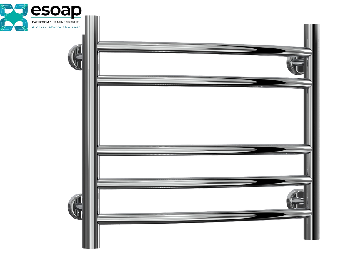 A polished chrome heated towel rail with five horizontal bars and wall-mounted brackets, shown against a plain white background with the esoap logo in the top-left corner. Reina EOS 430x500 Polished Stainless Steel Designer Radiat