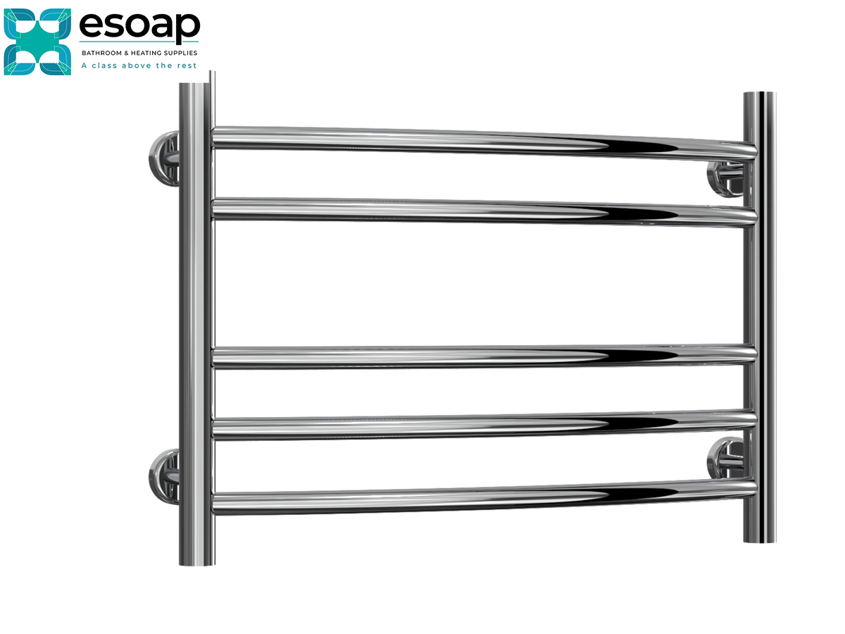 A polished chrome heated towel rail with five horizontal bars, shown against a plain white background with the Esoap brand logo in the top-left corner. Reina EOS 430x600 Polished Stainless Steel Designer Radiator