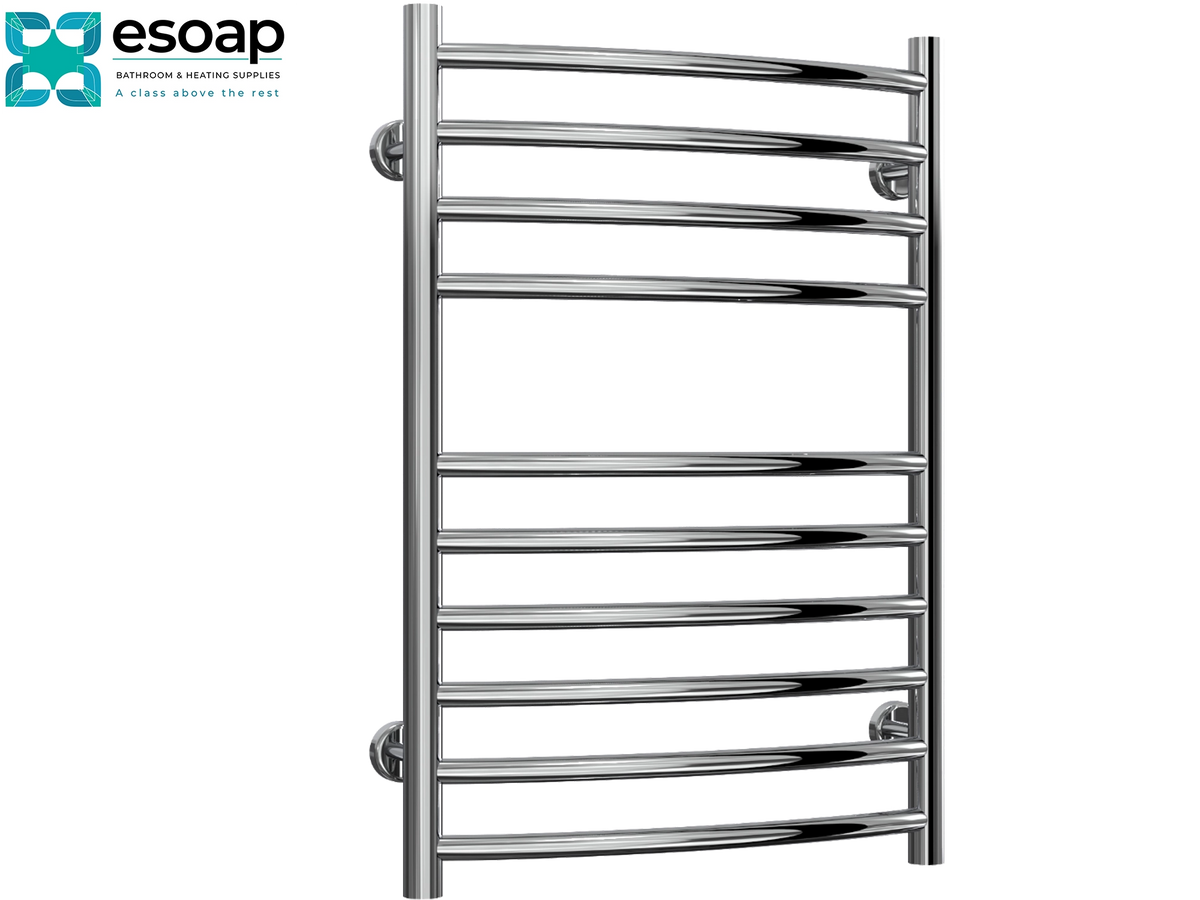 A polished chrome heated towel rail with multiple horizontal bars and wall-mounted brackets, shown on a plain white background with the Esoap logo in the top-left corner. Reina EOS 720x500 Polished Stainless Steel Designer Radiator