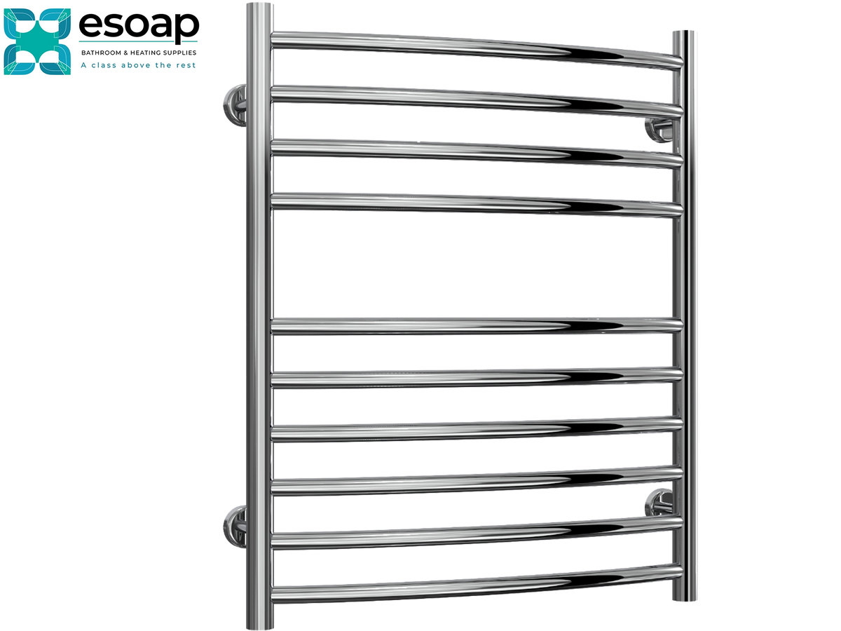 A polished chrome heated towel rail with ten horizontal bars, shown against a plain white background with the Esoap brand logo in the top-left corner. Reina EOS 720x600 Polished Stainless Steel Designer Radiator