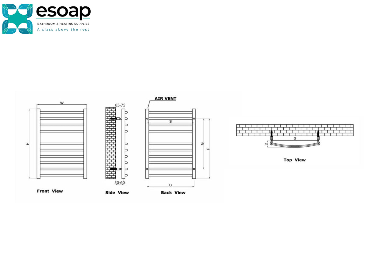 Technical line drawing showing multiple views of a radiator: front, side, back, and top views with dimensions, plus an air vent label. The Esoap logo appears in the top left on a white background. Reina EOS Polished Stainless Steel Designer Radiator