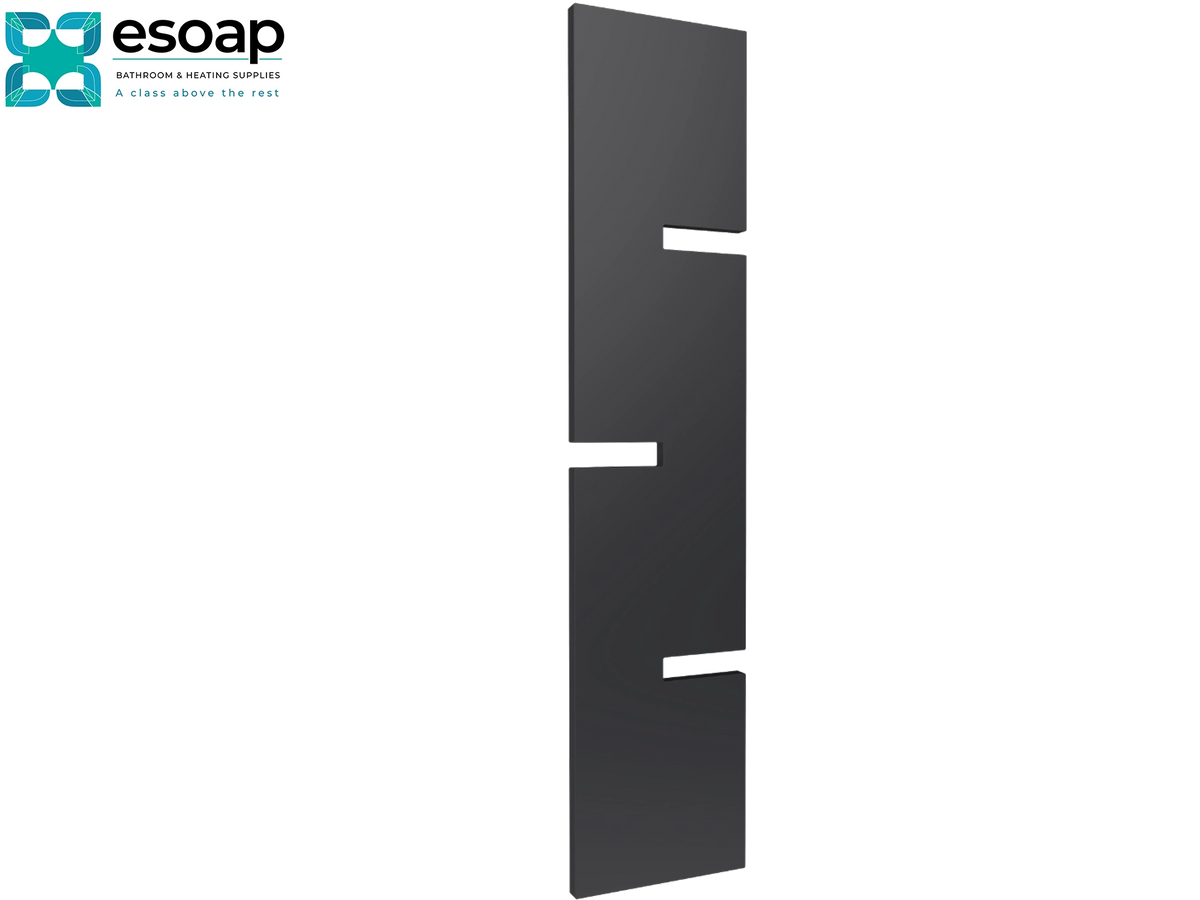 A tall, narrow matte black metal wall hook with a modern stepped design, shown on a plain white background with the Esoap logo in the top-left corner Reina Fiore 1790x490 Anthracite Designer Radiator
