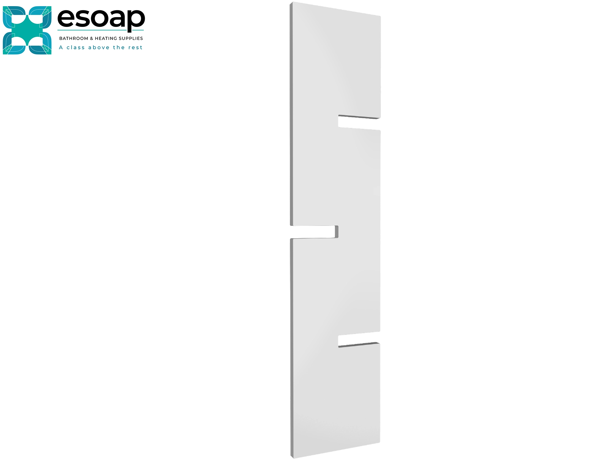 Fiore 1790 x 400 White designer radiator on a white background with 'esoap' branding.