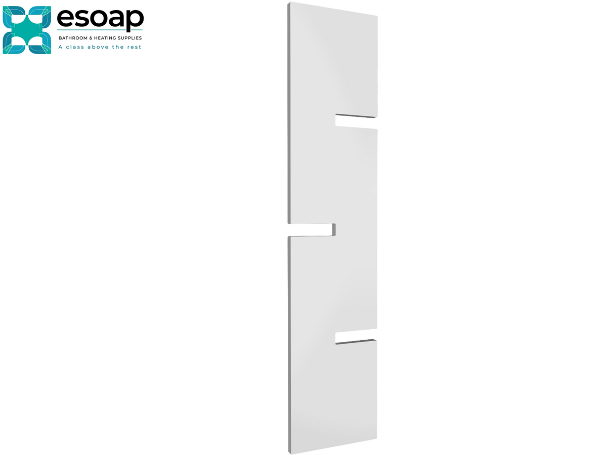A modern, minimalist white wall-mounted radiator cover with a split-level design and cutout details, shown on a plain white background with the Esoap brand logo in the top-left corner Reina Fiore 1790x490 White Designer Radiator