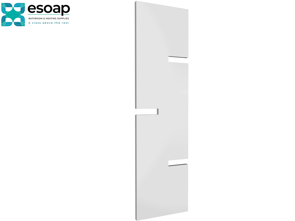 A modern white rectangular wall-mounted soap dish with three horizontal cutouts, shown on a plain white background with the Esoap logo in the top-left corner Reina Fiore 1790x400 White Designer Radiator
