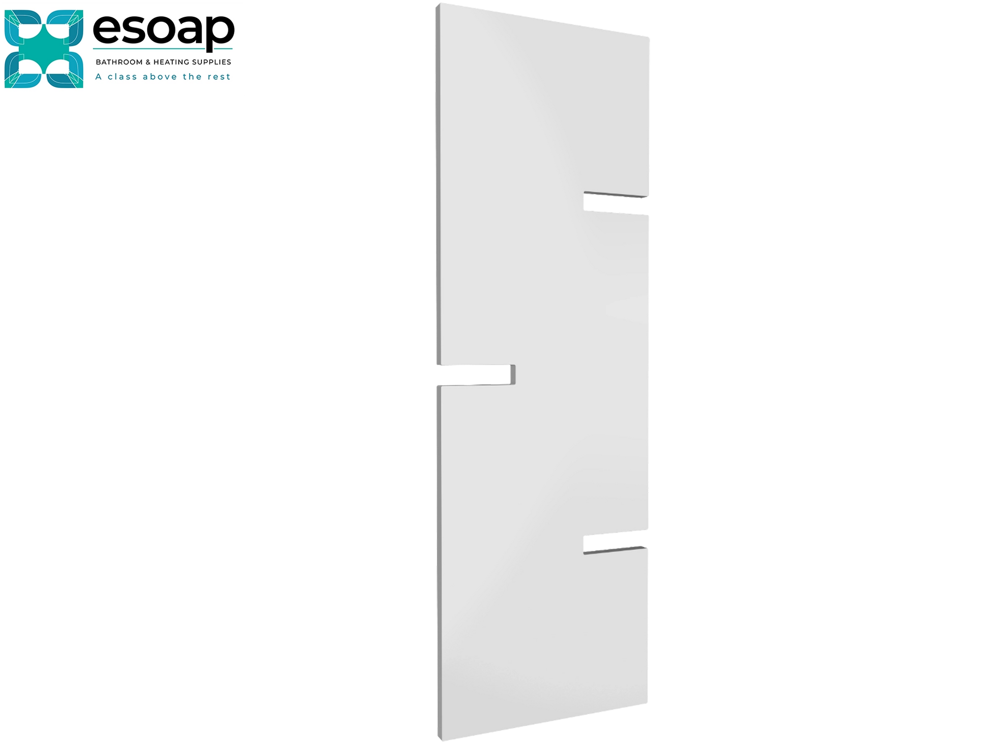 Fiore 1790 x 590 White Towel Rail with Esoap branding on a white background