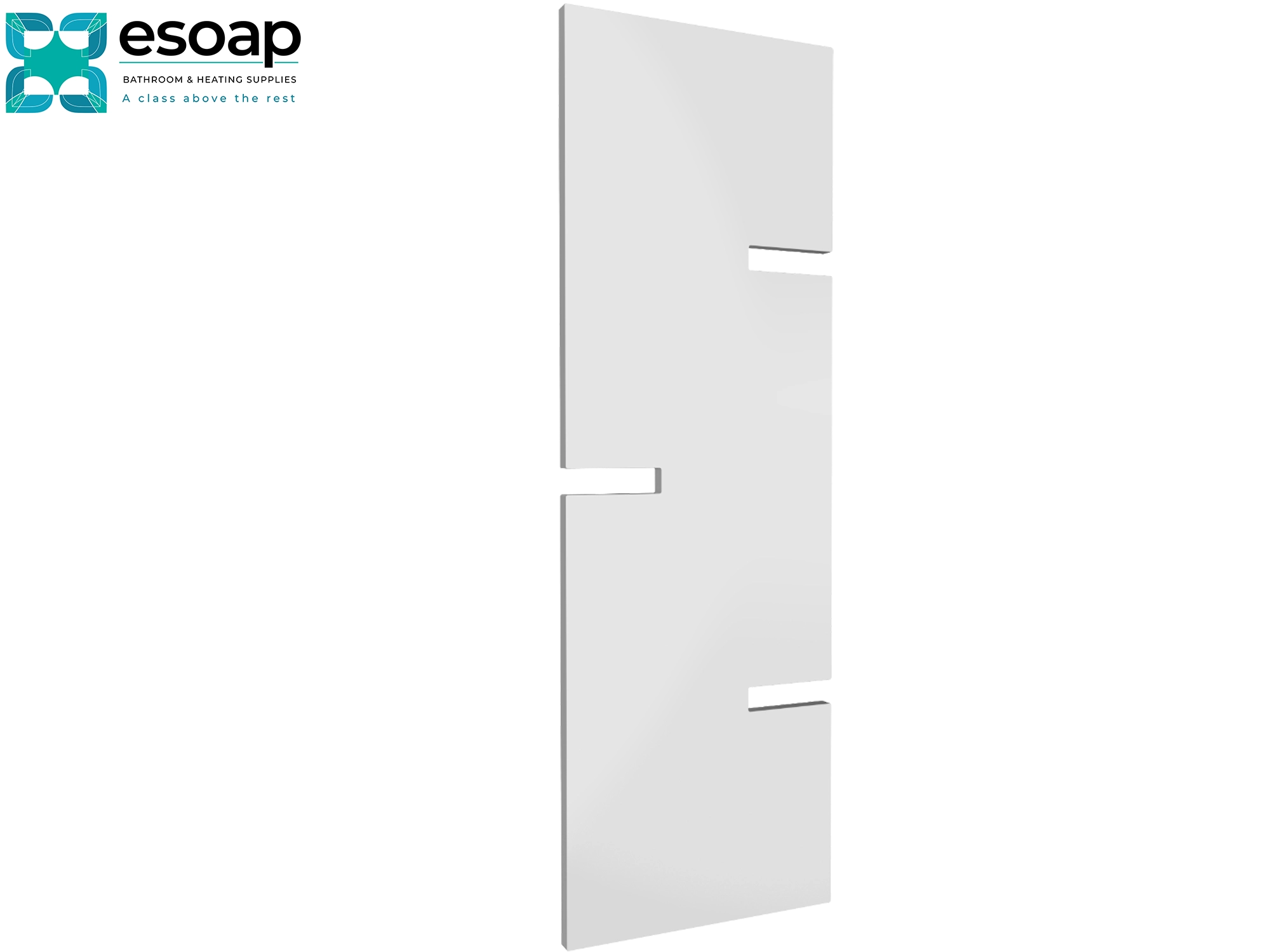 Fiore 1790 x 590 White Towel Rail with Esoap branding on a white background
