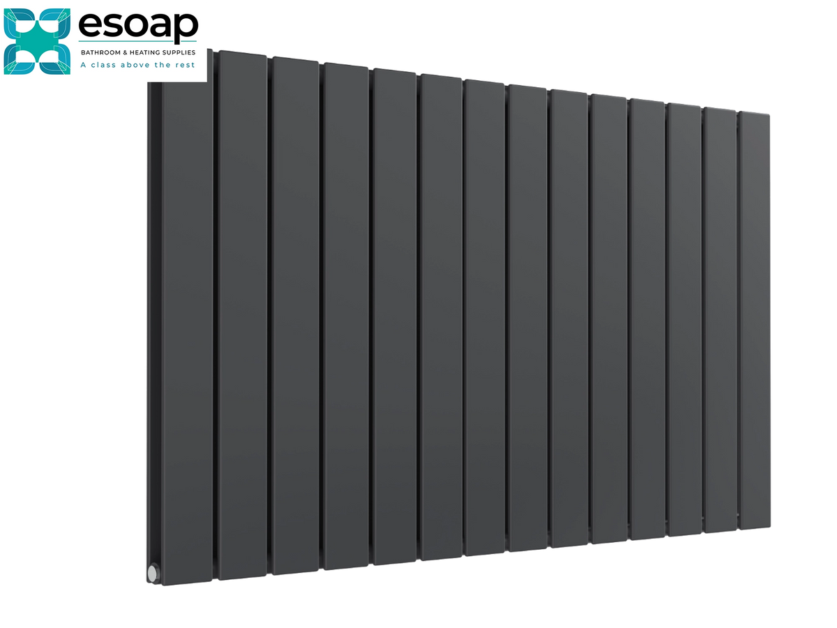 A dark gray panel radiator shown at an angle on a white background, with the Esoap brand logo in the top-left corner Reina Flat Horizontal Double 600x1032 Anthracite Designer Radiator