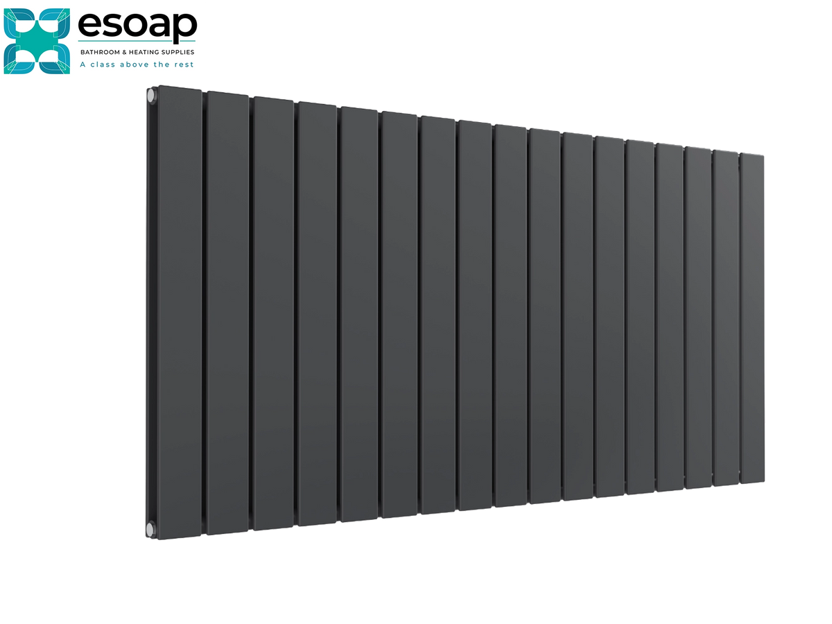 A modern dark gray panel radiator shown at an angle on a white background, with the Esoap brand logo in the top-left corner Reina Flat Horizontal Double 600x1254 Anthracite Designer Radiator