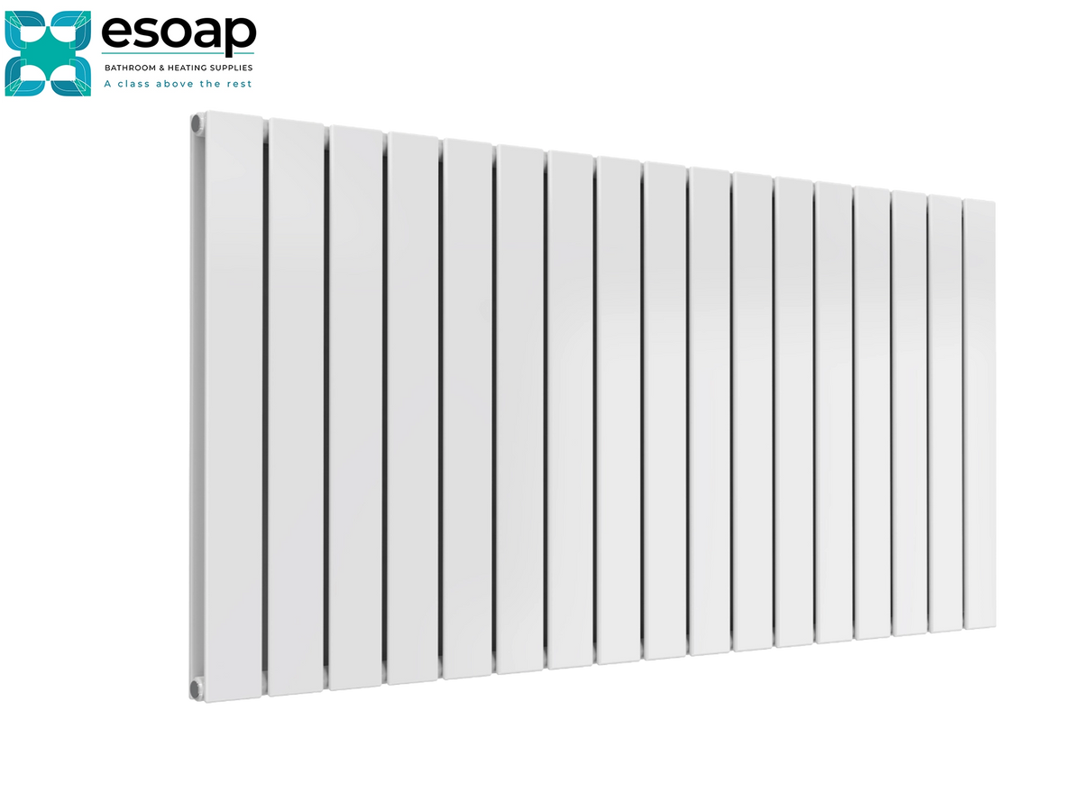 A white 16-panel vertical fin radiator shown at an angle on a clean white background, with the Esoap brand logo in the top-left corner Reina Flat Horizontal Double 600x1254 White Designer Radiator