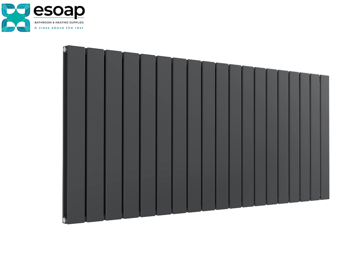 A dark gray vertical-panel radiator shown at an angle on a white background, with the Esoap logo in the top-left corner Reina Flat Horizontal Double 600x1402 Anthracite Designer Radiator