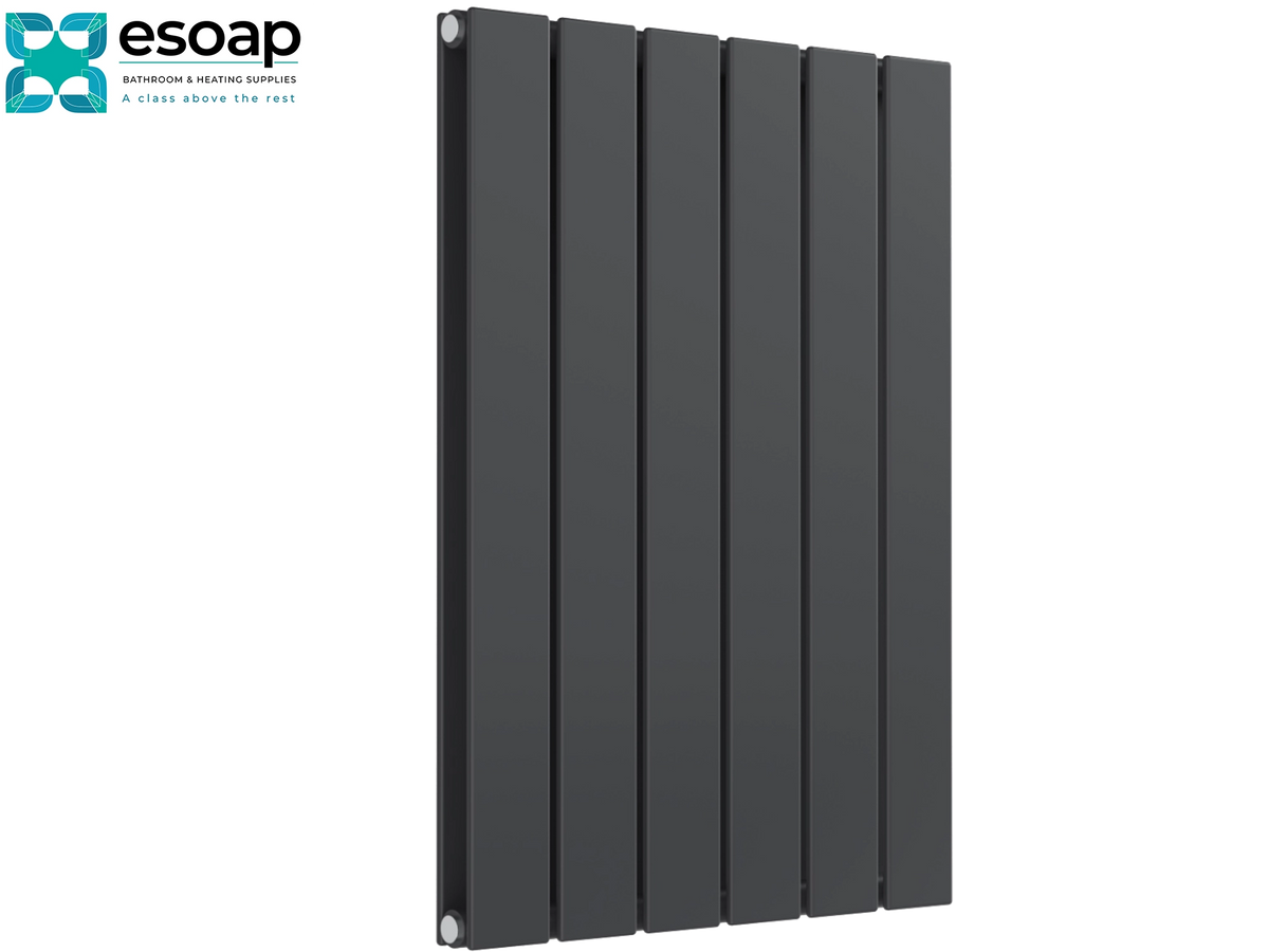 A modern dark gray vertical panel radiator shown on a plain white background, with the Esoap brand logo in the top-left corner Reina Flat Horizontal Double 600x440 Anthracite Designer Radiator
