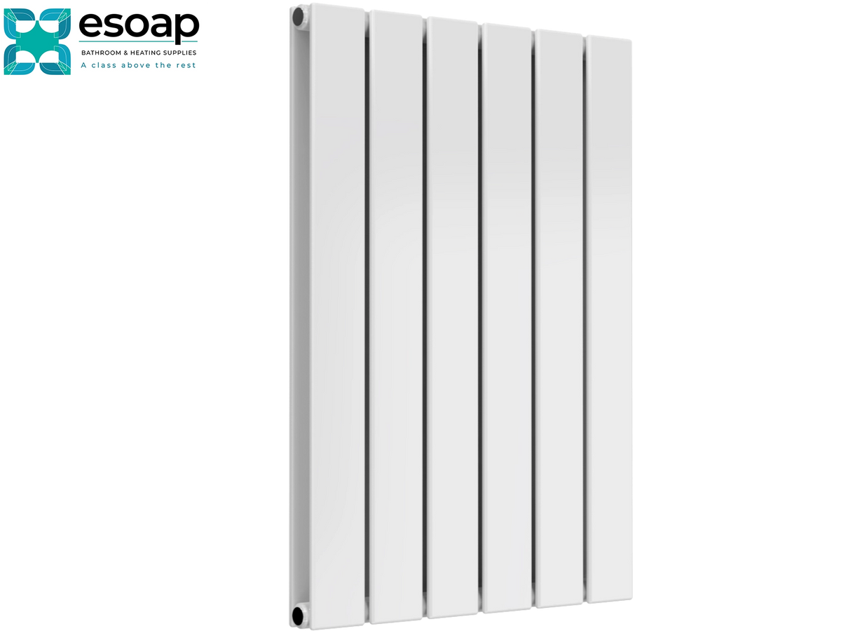 A white multi-panel vertical radiator shown on a plain white background, with the Esoap brand logo in the top-left corner Reina Flat Horizontal Double 600x440 White Designer Radiator