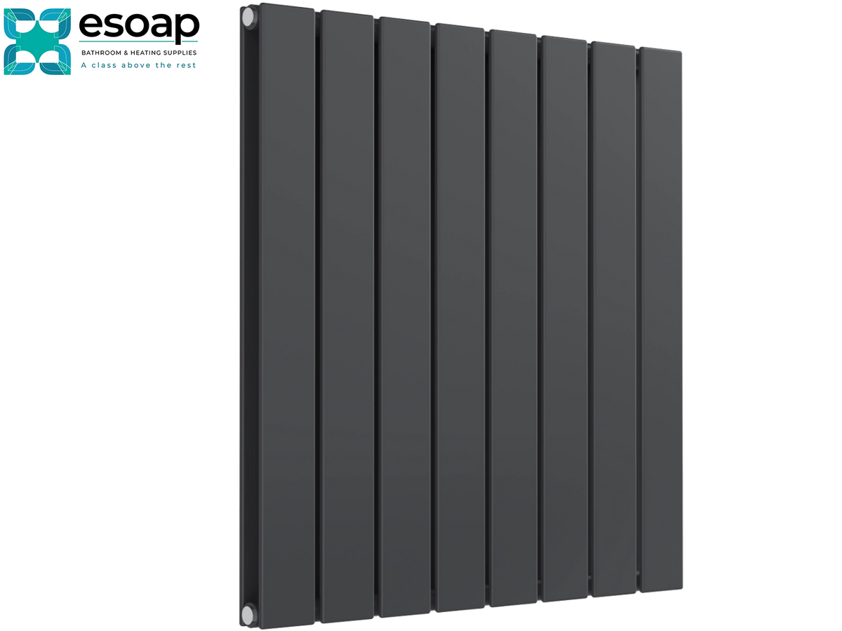 A dark gray vertical panel radiator shown against a plain white background, with the Esoap brand logo in the top-left corner Reina Flat Horizontal Double 600x588 Anthracite Designer Radiator