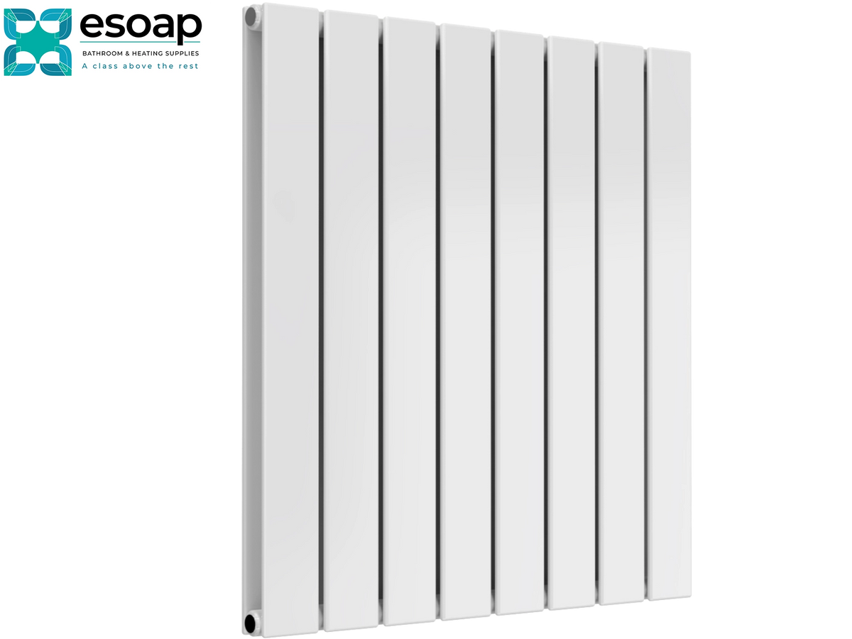 A white multi-panel vertical radiator shown at a slight angle on a plain white background, with the Esoap brand logo in the top-left corner Reina Flat Horizontal Double 600x588 White Designer Radiator