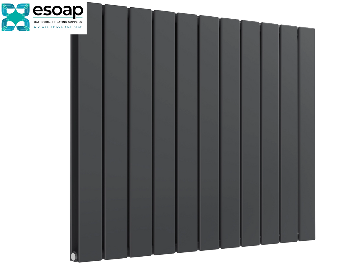 A dark gray vertical panel radiator shown at an angle against a white background, with the Esoap logo in the top-left corner Reina Flat Horizontal Double 600x810 Anthracite Designer Radiator