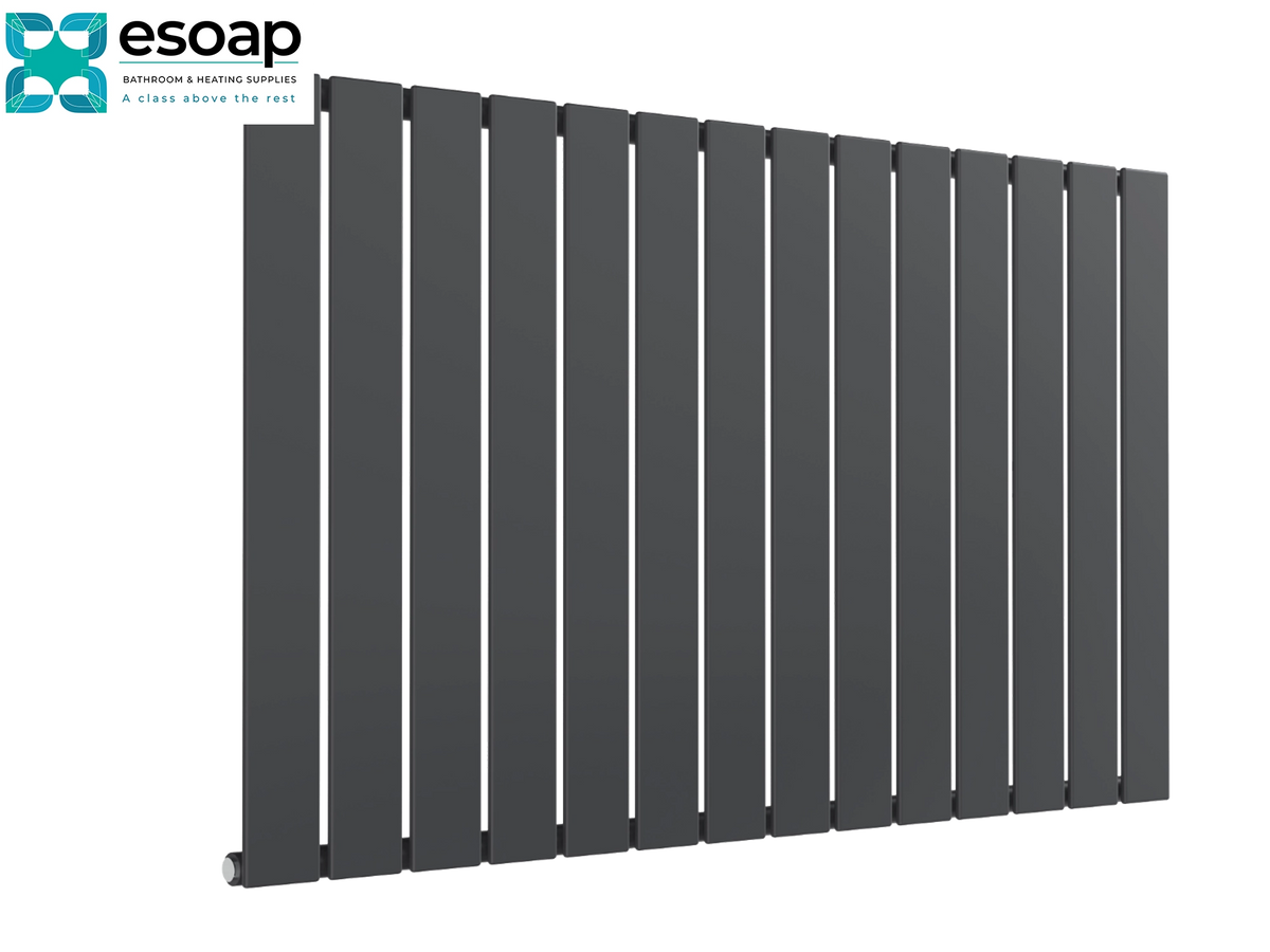 A dark gray vertical slat radiator shown at an angle on a white background, with the esoop logo in the top-left corner Reina Flat Horizontal Single 600x1032 Anthracite Designer Radiator
