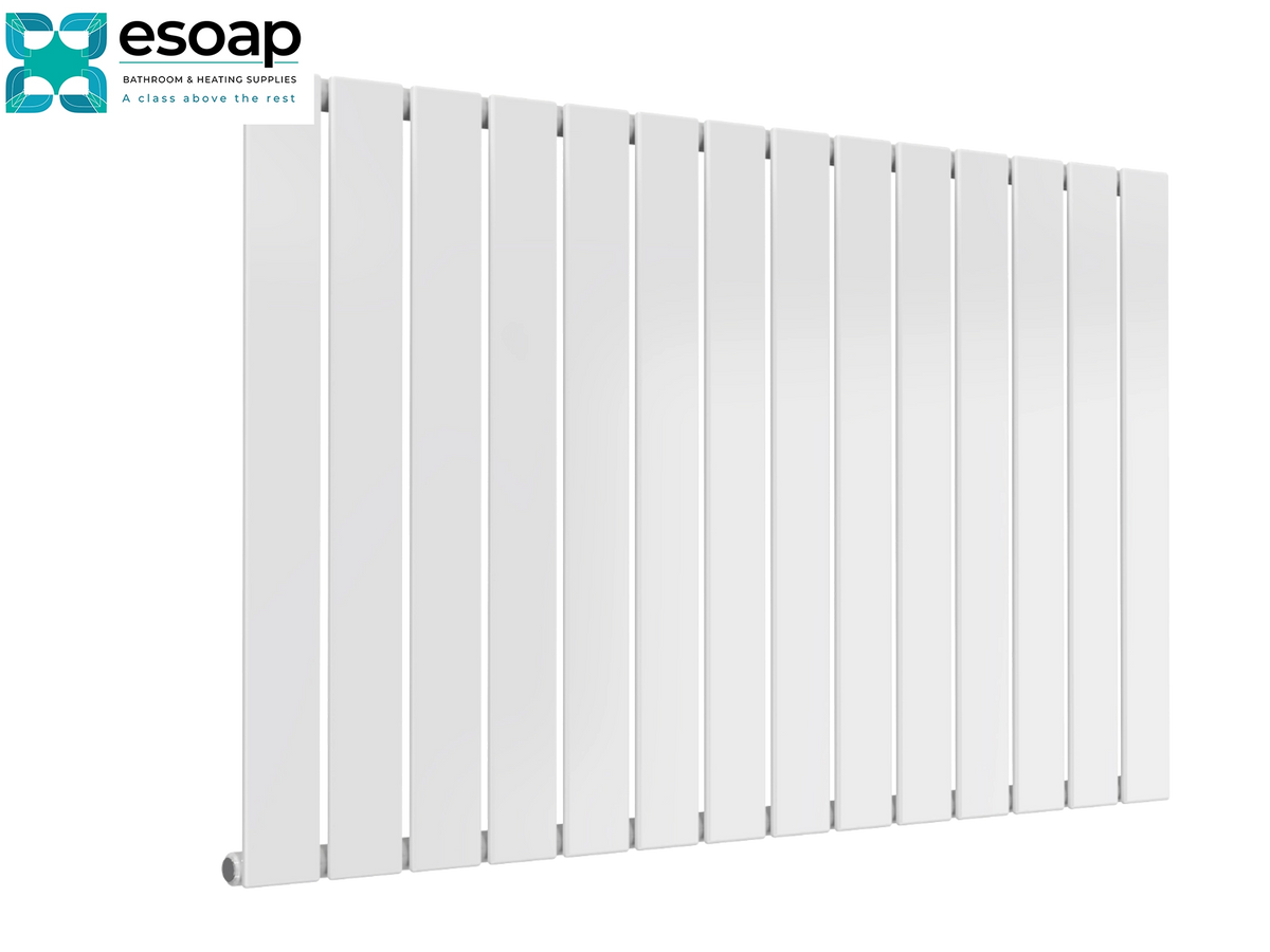 A white slatted panel radiator shown at an angle against a plain white background, with the Esoap brand logo in the top-left corner Reina Flat Horizontal Single 600x1032 White Designer Radiator