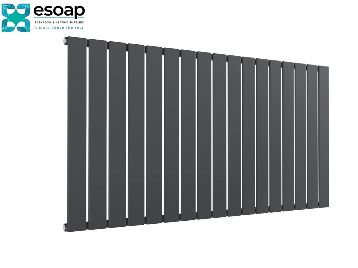 A dark gray panel radiator shown at an angle on a white background, with the Esoap logo in the top-left corner Reina Flat Horizontal Single 600x1254 Anthracite Designer Radiator