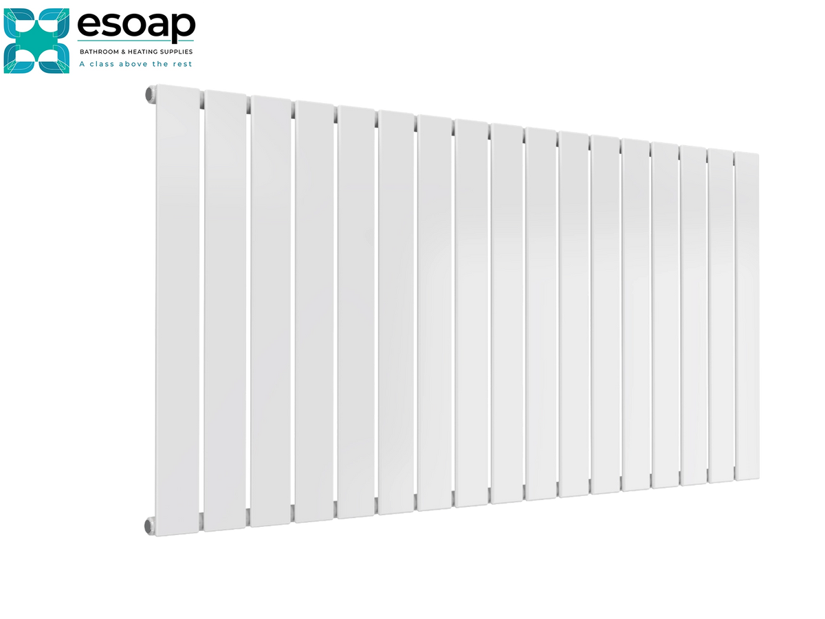A white vertical-panel radiator shown at an angle on a plain white background, with the Esoap logo in the top-left corner Reina Flat Horizontal Single 600x1254 White Designer Radiator