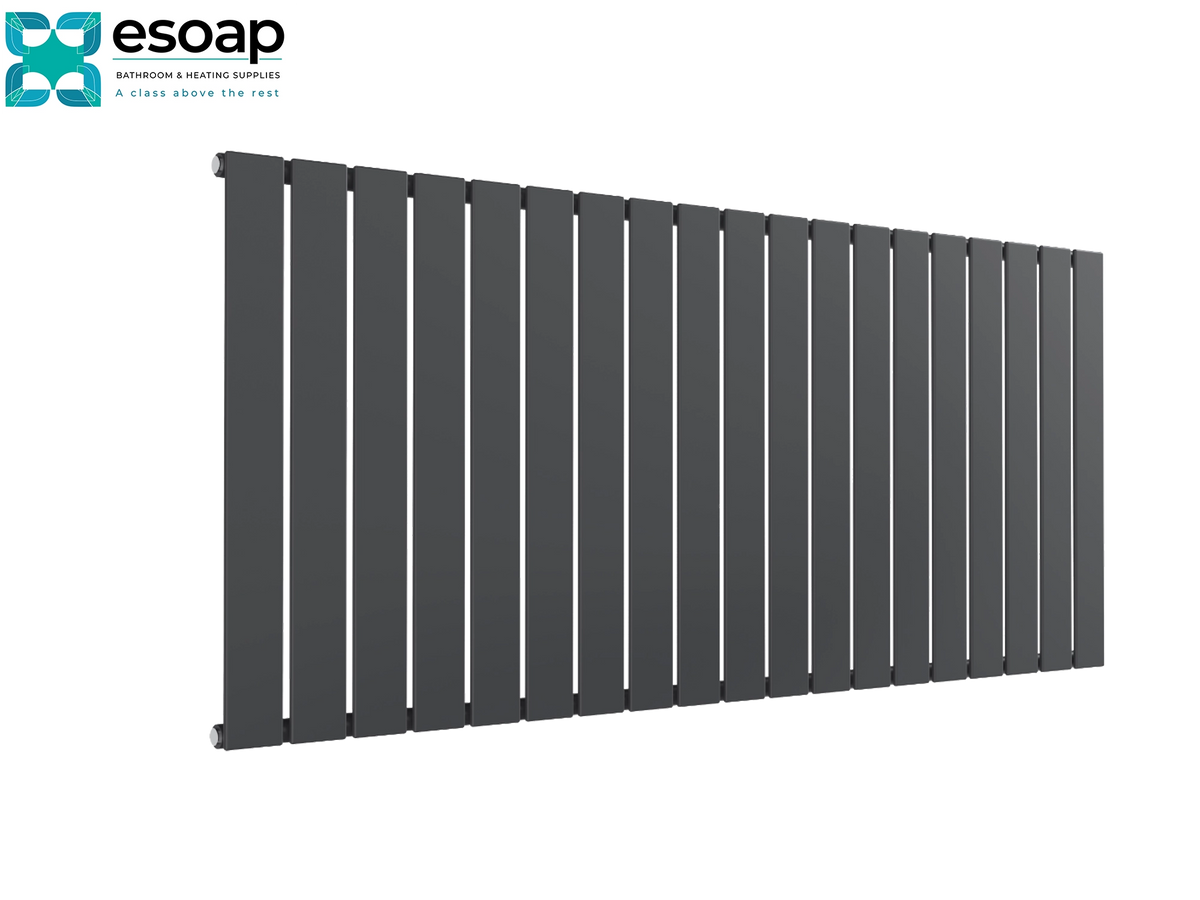 A dark gray vertical slat radiator shown at an angle on a white background, with the Esoap logo in the top-left corner Reina Flat Horizontal Single 600x1402 Anthracite Designer Radiator
