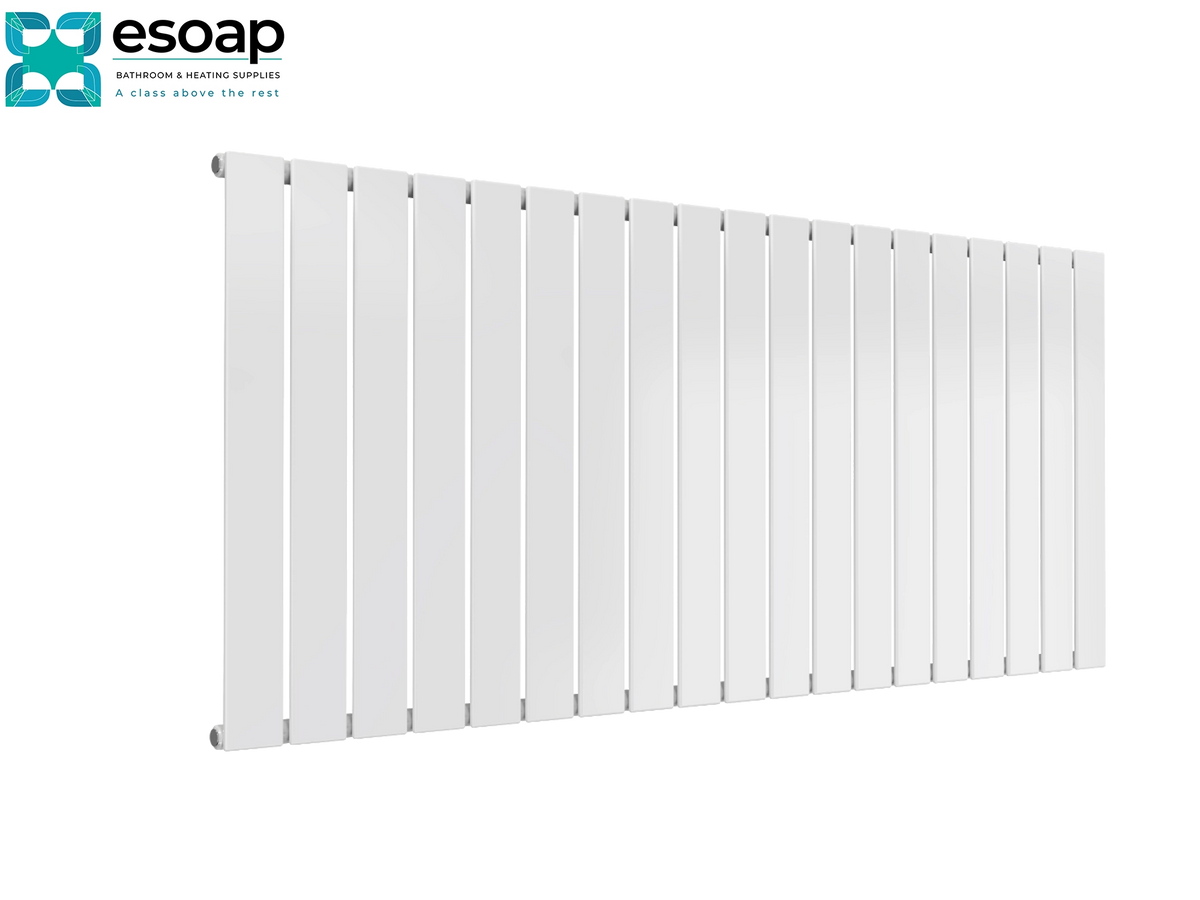 A white panel radiator shown at an angle on a clean white background, with the Esoap logo in the top-left corner Reina Flat Horizontal Single 600x1402 White Designer Radiator