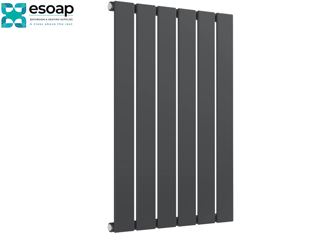A modern dark gray vertical slat radiator shown on a plain white background, with the Esoap logo in the top-left corner Reina Flat Horizontal Single 600x440 Anthracite Designer Radiator