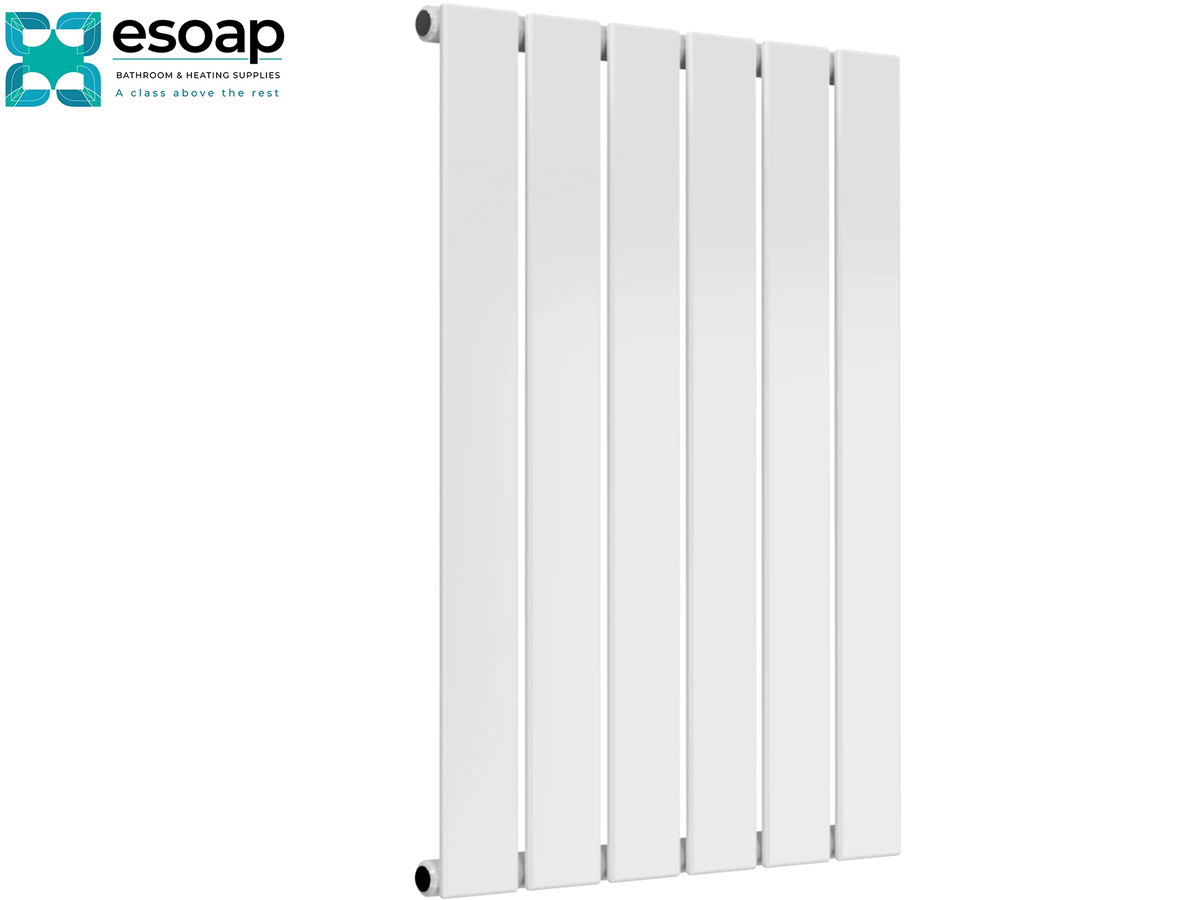 A white vertical panel radiator shown on a plain white background, with the Esoap logo in the top-left corner Reina Flat Horizontal Single 600x440 White Designer Radiator