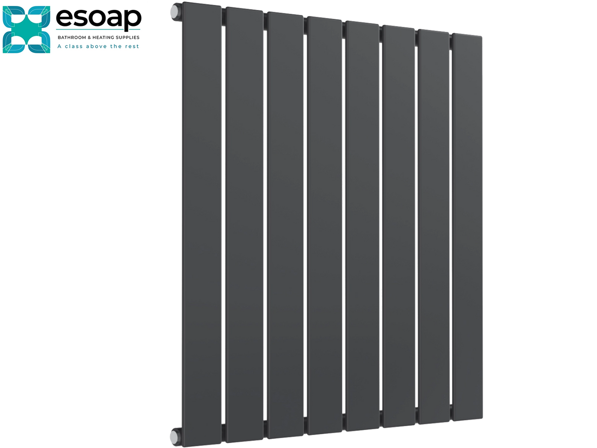 A dark gray vertical slat panel radiator shown at an angle on a white background, with the Esoap logo in the top-left corner Reina Flat Horizontal Single 600x588 Anthracite Designer Radiator