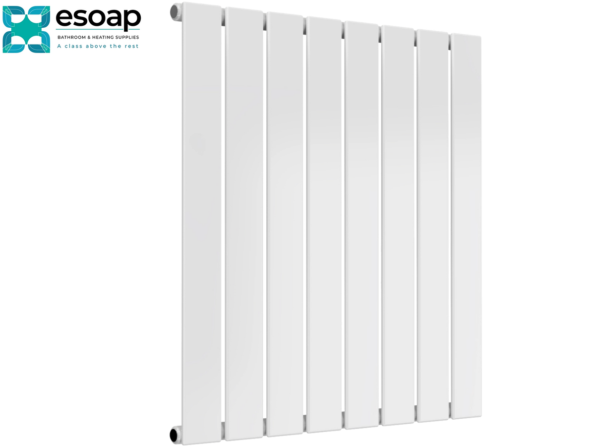 A white vertical-panel radiator shown at an angle on a plain white background, with the Esoap logo in the top-left corner Reina Flat Horizontal Single 600x588 White Designer Radiator
