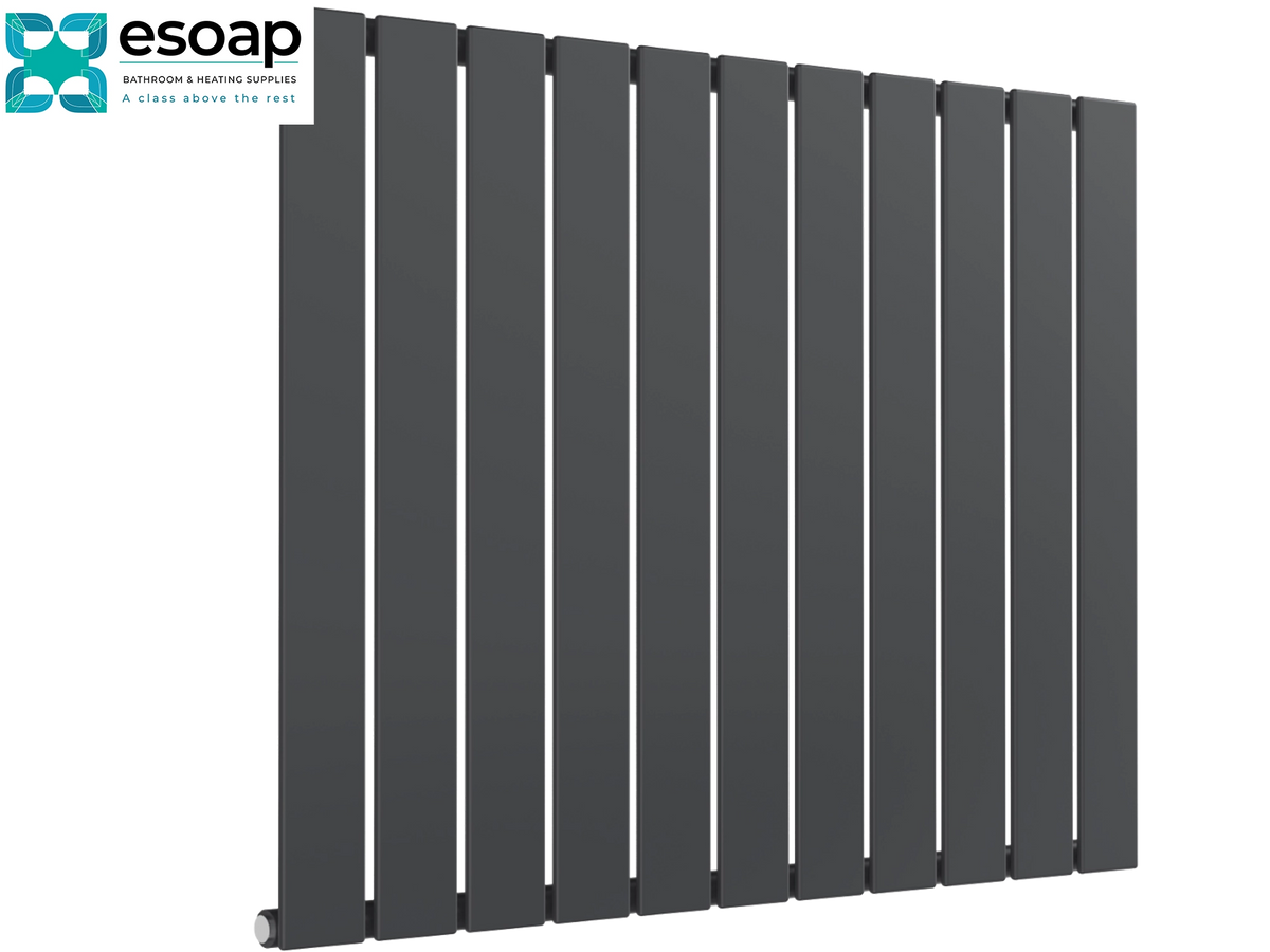 A dark gray vertical slat radiator shown at an angle on a white background, with the Esoap logo in the top-left corner Reina Flat Horizontal Single 600x810 Anthracite Designer Radiator