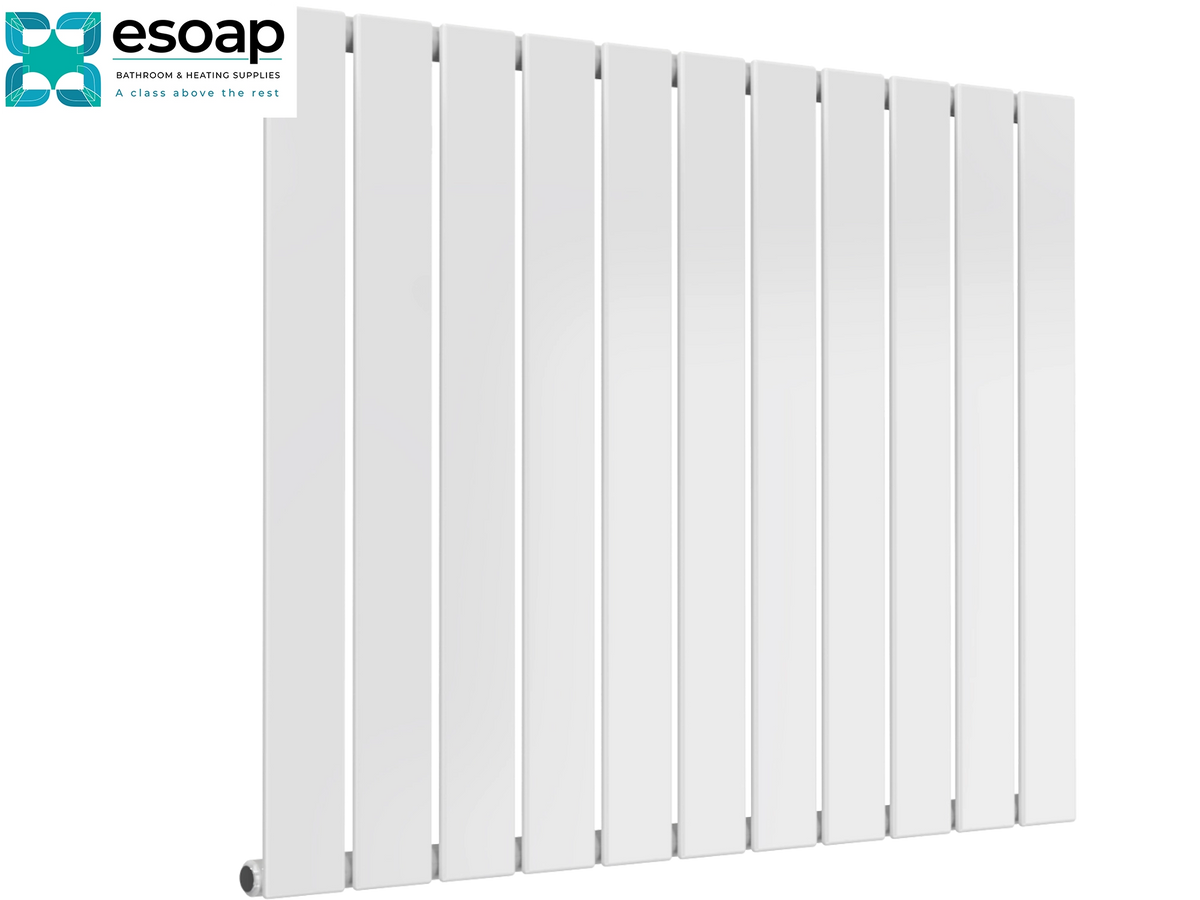 A white vertical-panel radiator shown at an angle against a white background, with the Esoap brand logo in the top-left corner Reina Flat Horizontal Single 600x810 White Designer Radiator