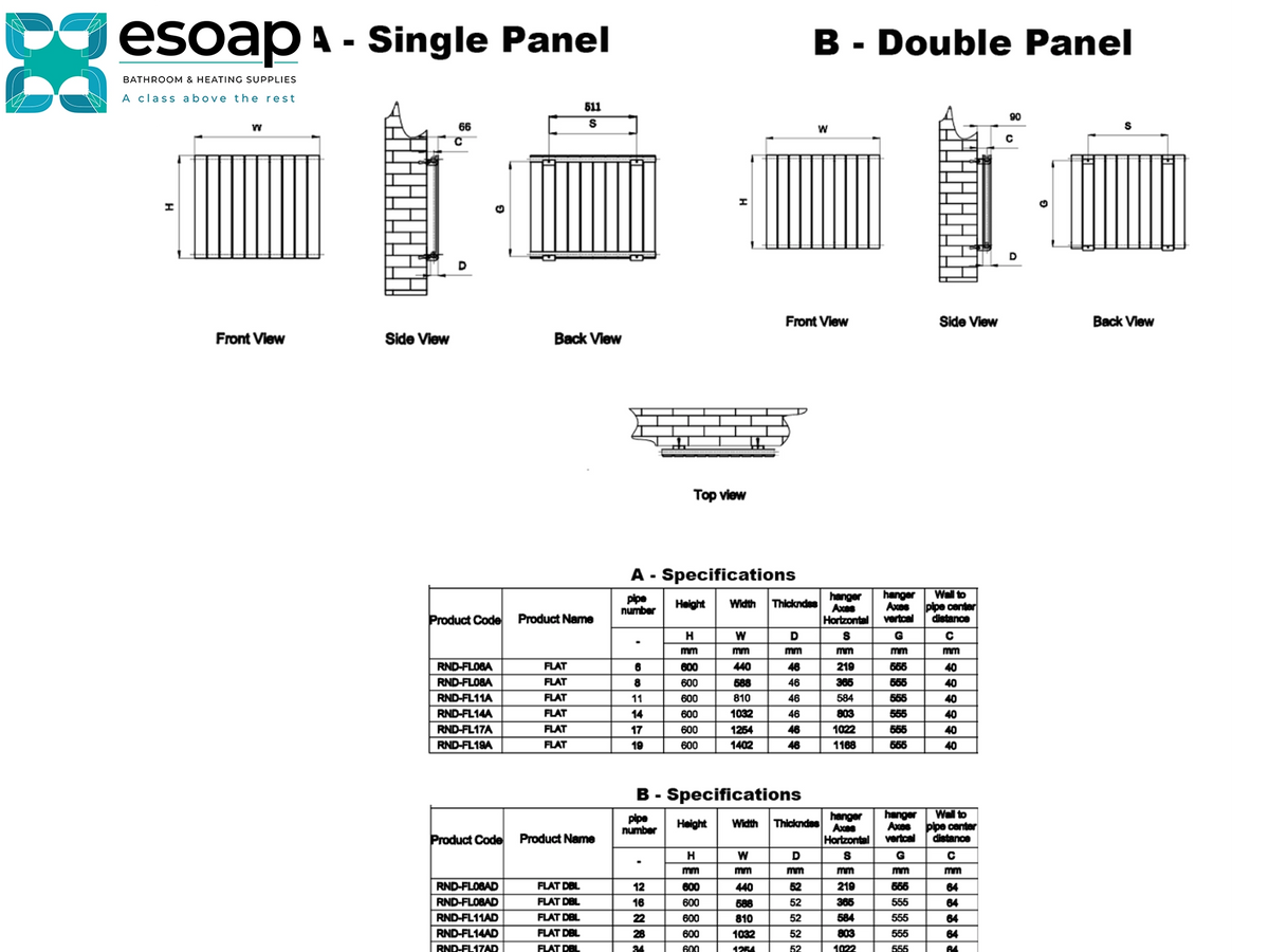 Technical specification and dimension diagram for Esoap A single panel and double panel aluminum cladding, showing front, side, and back views with measurements and a specifications table Reina Flat Horizontal Single and double Designer Radiator