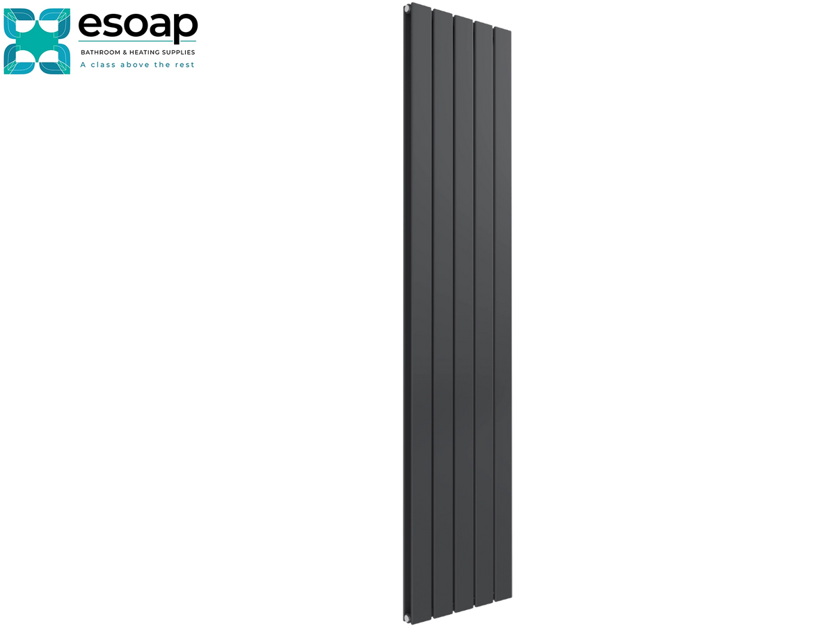 A tall, narrow dark gray vertical panel radiator shown on a plain white background, with the Esoap logo in the top-left corner Reina Flat Vertical Double 1600x366 Anthracite Designer Radiator