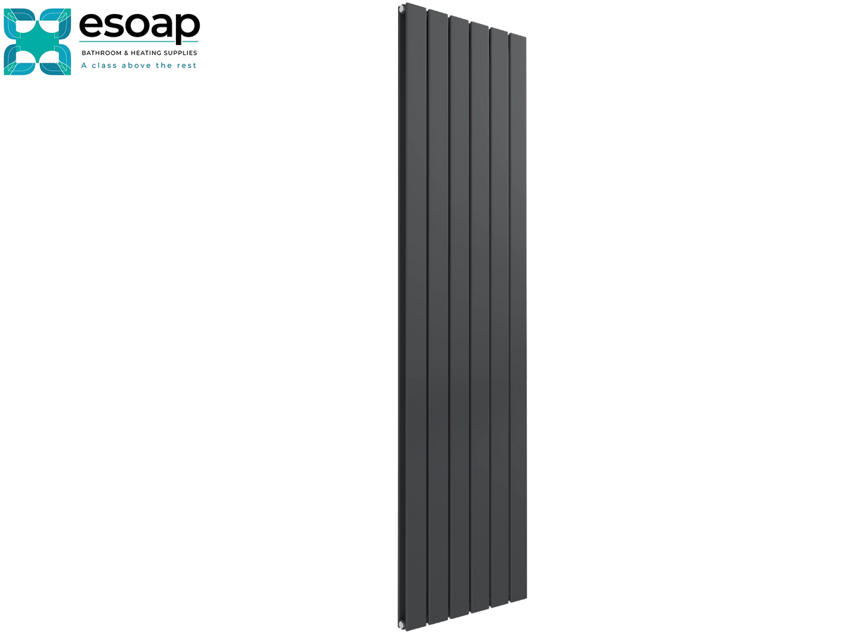 A tall, narrow dark gray vertical panel radiator shown on a plain white background, with the Esoap logo in the top-left corner Reina Flat Vertical Double 1600x440 Anthracite Designer Radiator
