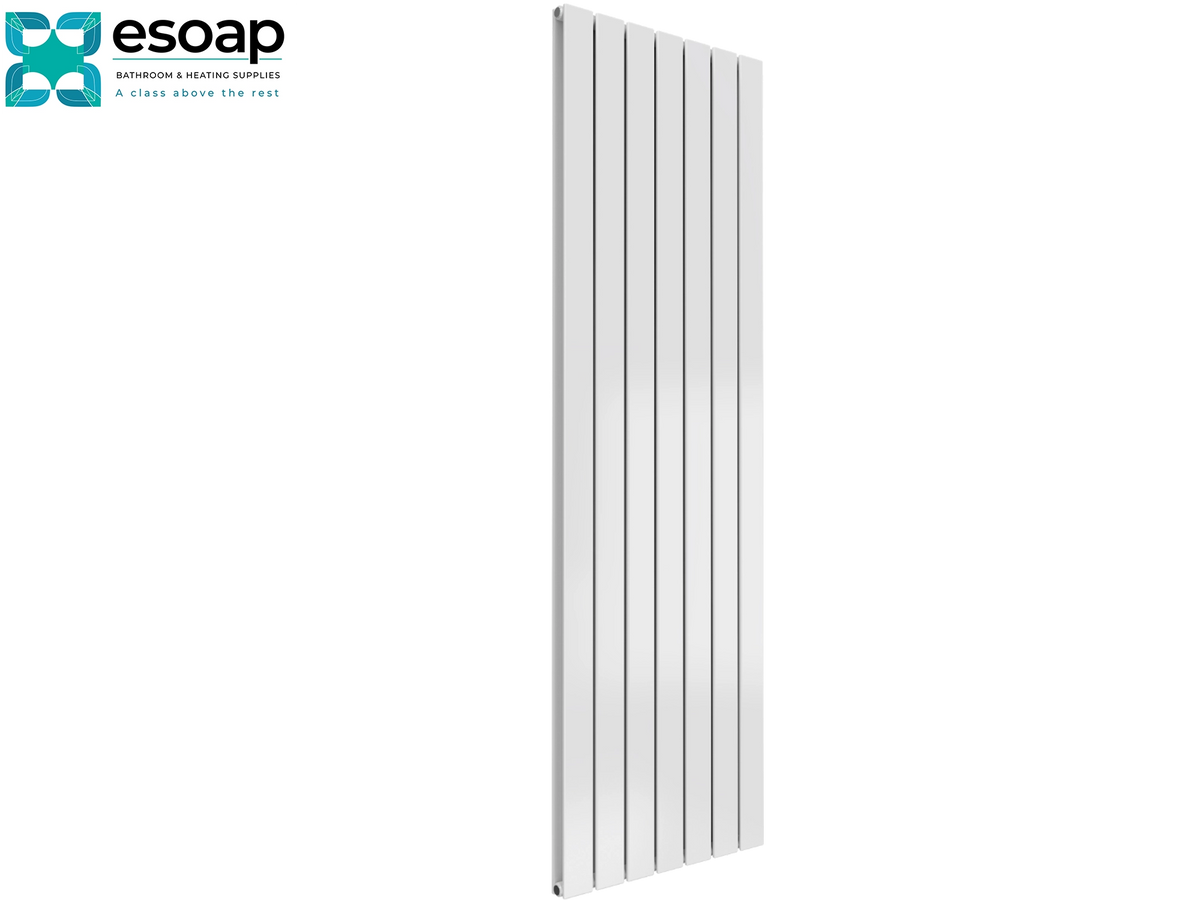 A tall, narrow white radiator with vertical slats, shown on a plain white background with the Esoap logo in the top-left corner Reina Flat Vertical Double 1600x514 White Designer Radiator