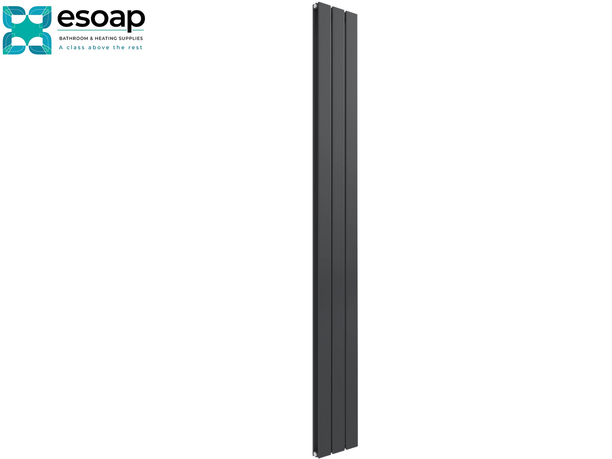 A tall, narrow dark gray vertical panel radiator shown on a plain white background, with the Esoap logo in the top-left corner Reina Flat Vertical Double 1800x218 Anthracite Designer Radiator
