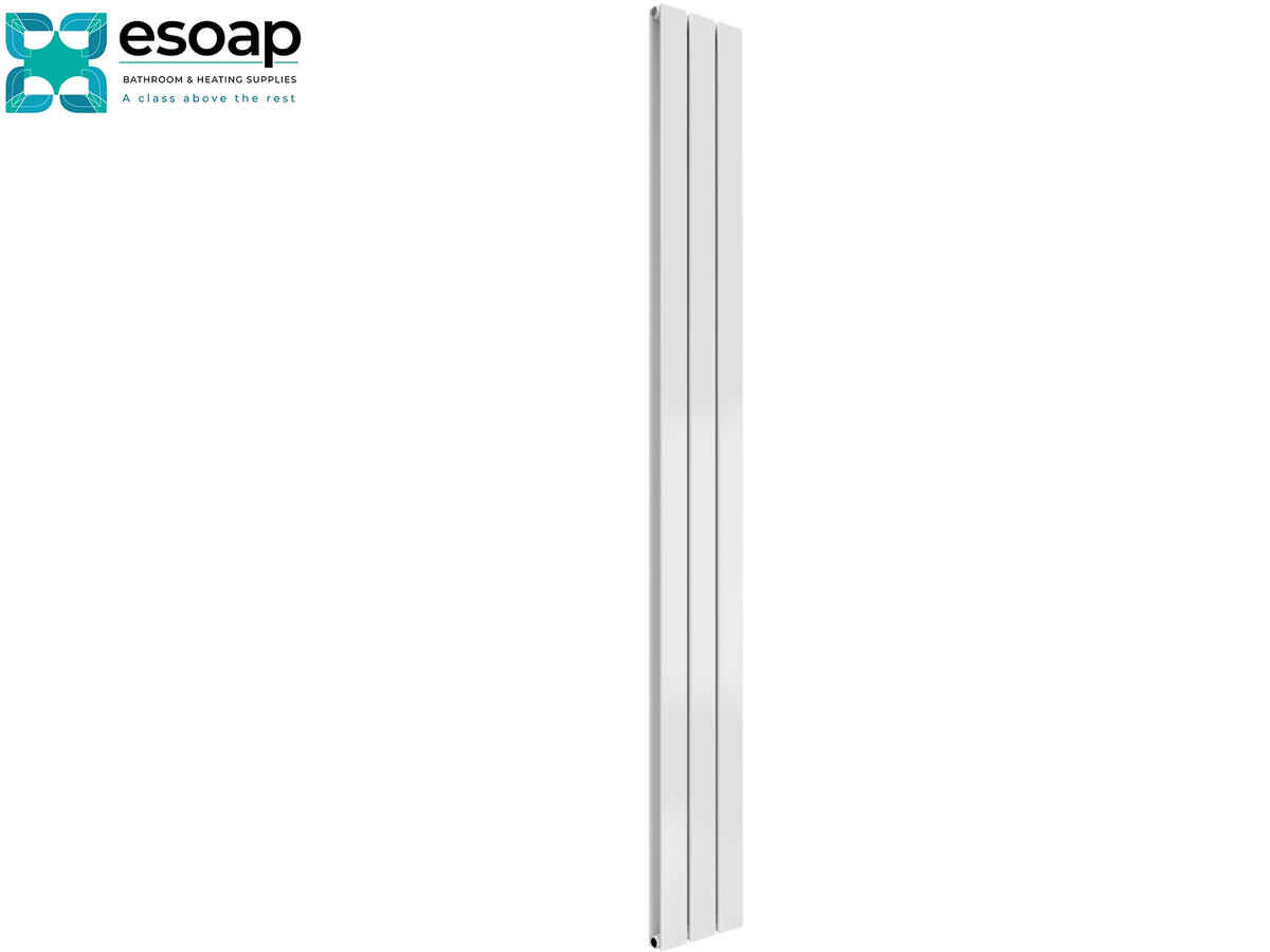 A tall, narrow white vertical panel radiator shown on a plain white background, with the Esoap logo in the top-left corner Reina Flat Vertical Double 1800x218 White Designer Radiator