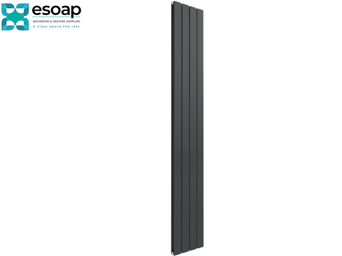 A tall, narrow dark charcoal gray radiator with vertical fins, shown against a plain white background with the Esoap logo in the top-left corner Reina Flat Vertical Double 1800x292 Anthracite Designer Radiator