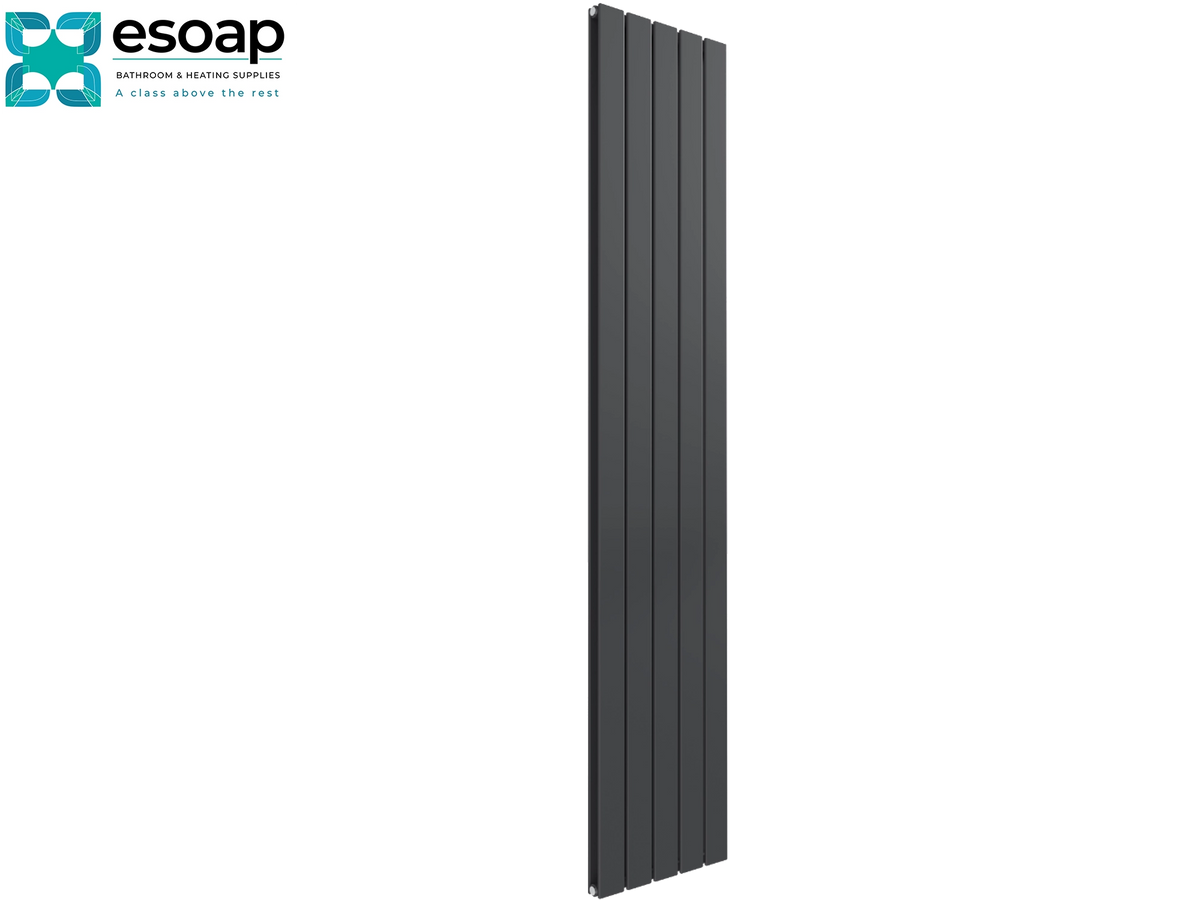 A tall, narrow dark gray vertical panel radiator shown on a plain white background, with the Esoap logo in the top-left corner Reina Flat Vertical Double 1800x366 Anthracite Designer Radiator