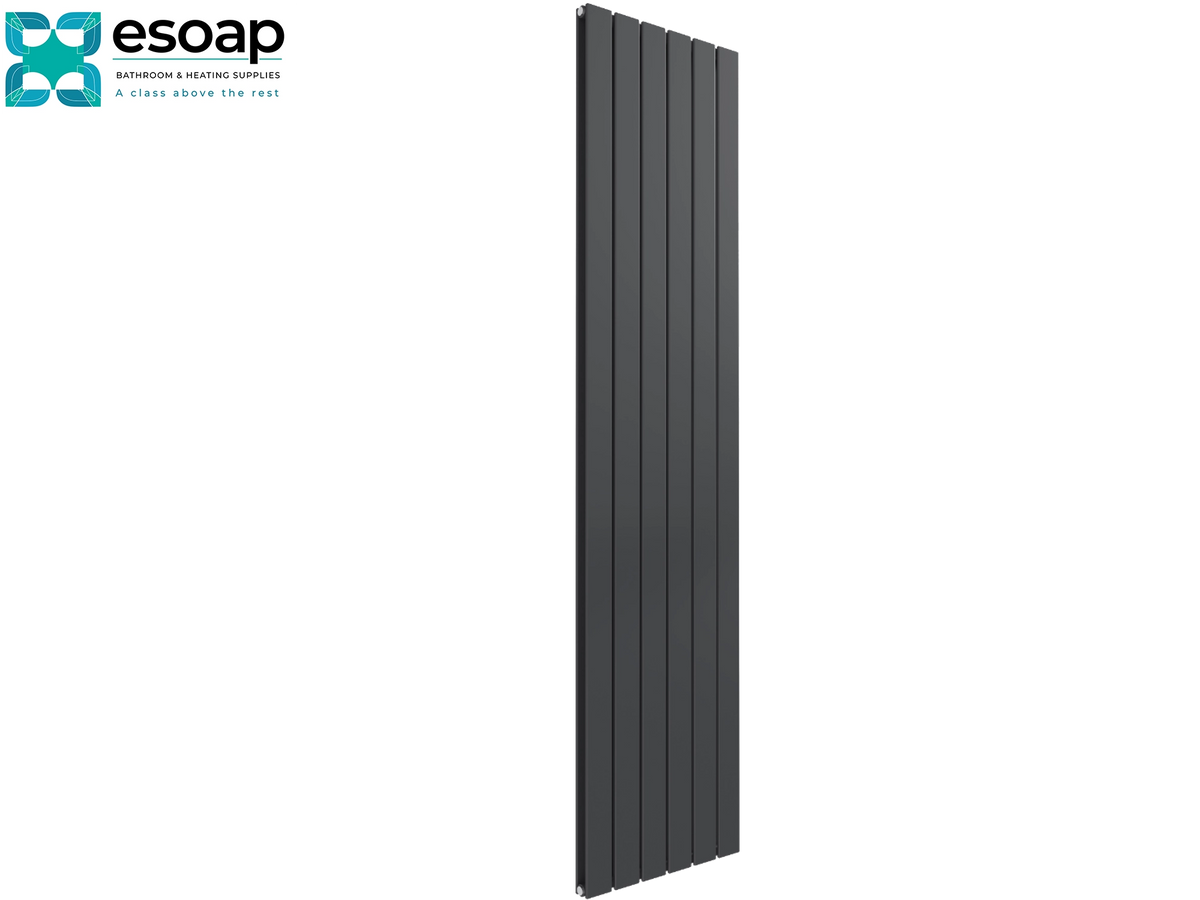 A tall, narrow dark charcoal gray vertical panel radiator shown on a plain white background, with the Esoap logo in the top-left corner Reina Flat Vertical Double 1800x440 Anthracite Designer Radiator