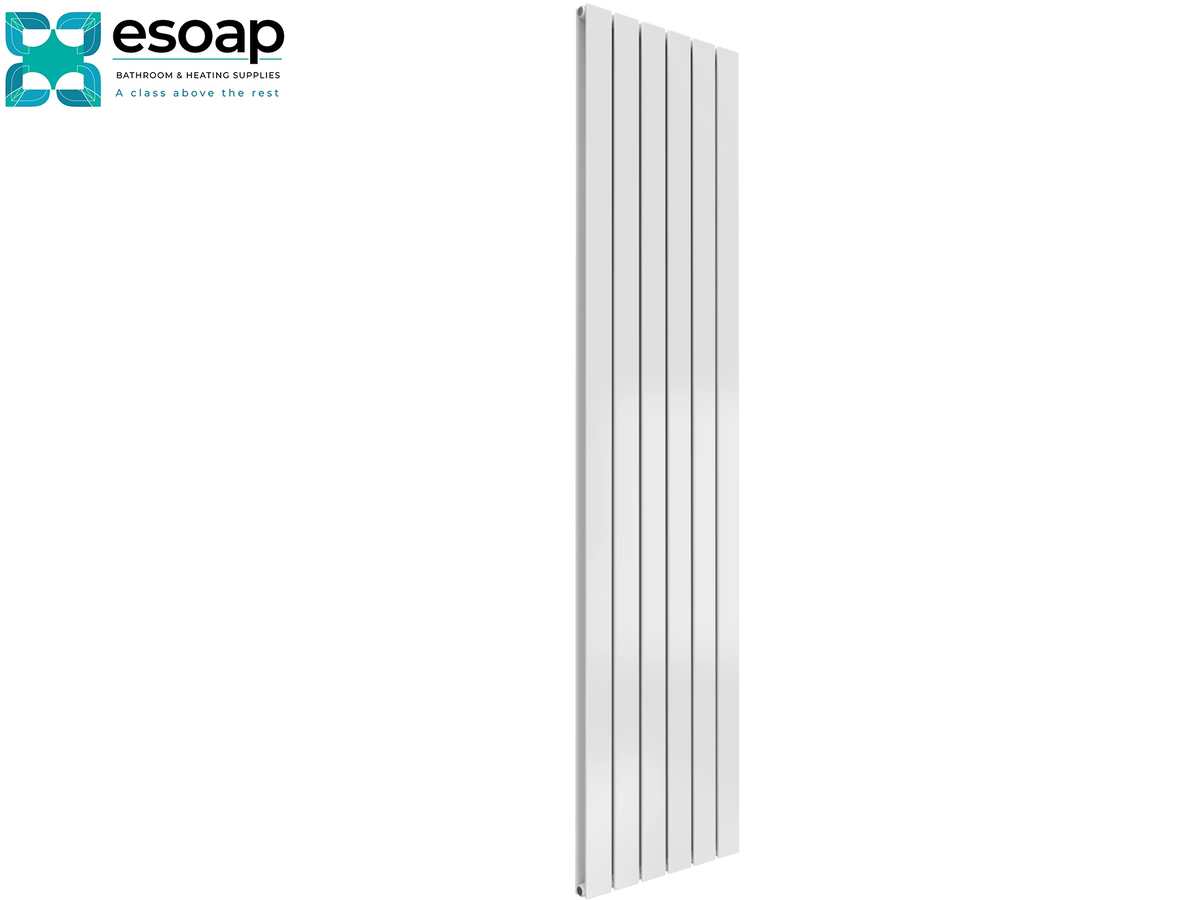 A tall, narrow white radiator with vertical panel fins, shown on a plain white background with the Esoap logo in the top-left corner Reina Flat Vertical Double 1800x440 White Designer Radiator