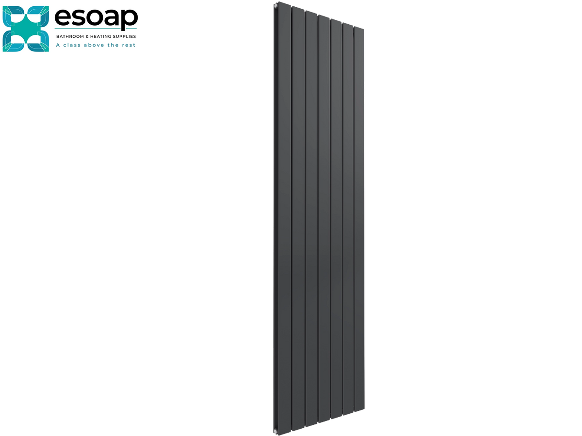 A tall, narrow dark gray vertical panel radiator shown on a plain white background, with the Esoap logo in the top-left corner Reina Flat Vertical Double 1800x514 Anthracite Designer Radiator