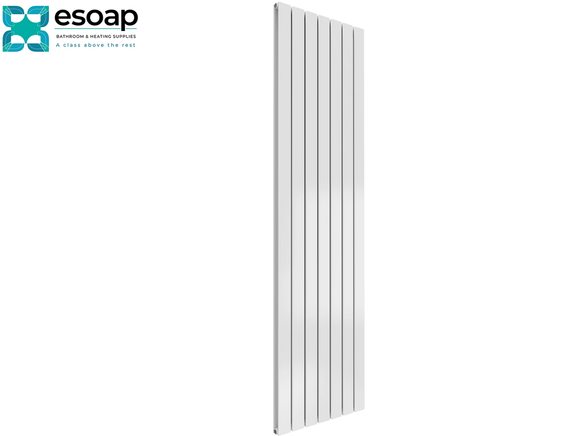 A tall, narrow white radiator with vertical channel fins, shown on a plain white background with the Esoap logo in the top-left corner Reina Flat Vertical Double 1800x514 White Designer Radiator