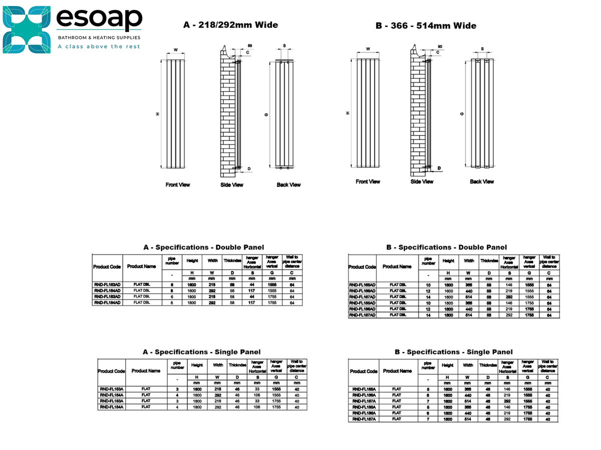 Technical specification and measurement chart for Esoap double panel blinds, showing front, side, and back views with dimensions for two widths: 218/292mm (A) and 366/514mm (B), plus specification tables for single and double panels Reina Flat Vertical Single Double Designer Radiator